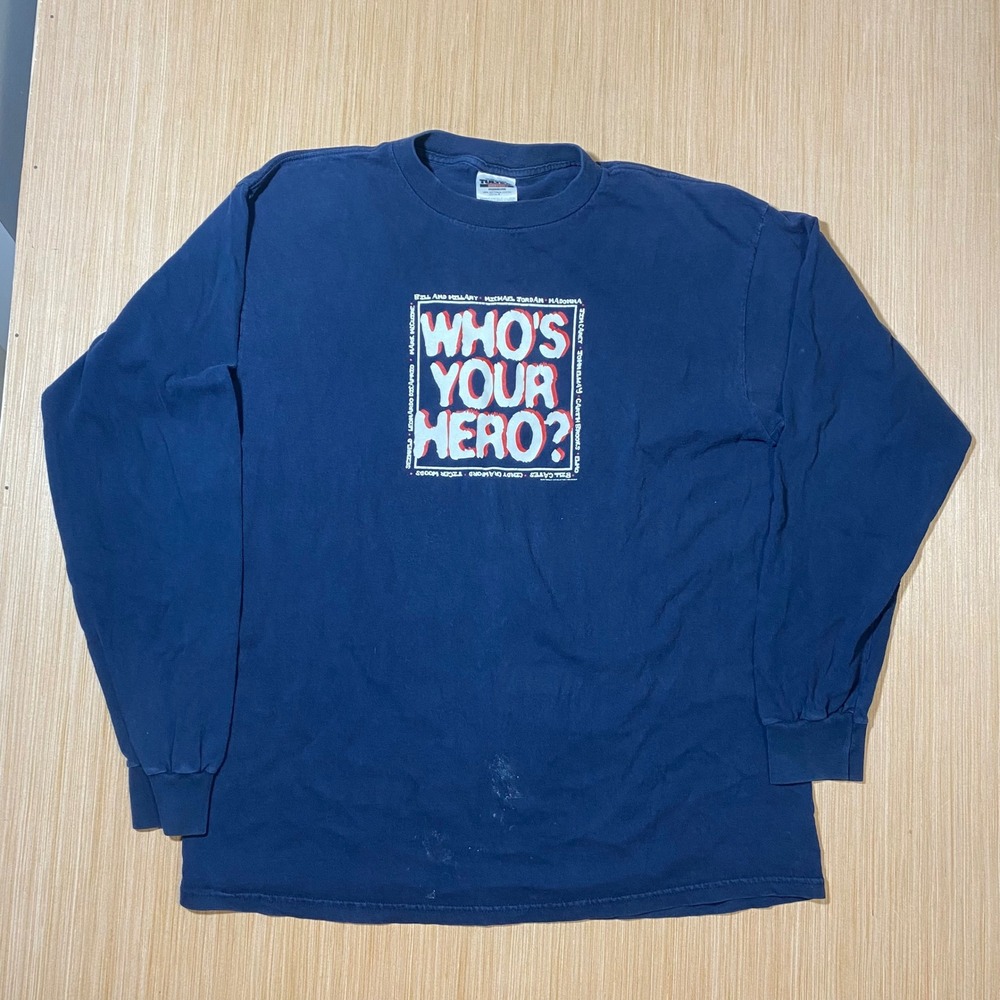 Vintage 90s Tultex Whos Your Hero Religious Long Sleeve T-Shirt Navy XL Mens